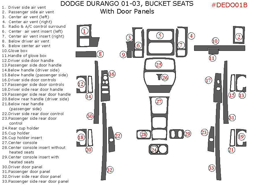 Dodge Durango 2001, 2002, 2003, Interior Dash Kit, With Bucket Seats, With Door Panels, 33 Pcs. dash trim kits options