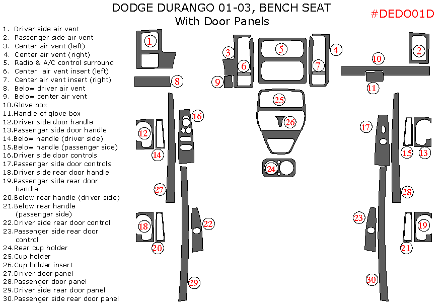 Dodge Durango 2001, 2002, 2003, Interior Dash Kit, With Bench Seat, With Door Panels, 30 Pcs. dash trim kits options