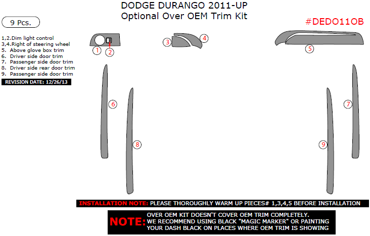 Dodge Durango 2011, 2012, 2013, 2014, 2015, 2016, 2017, 2018, Optional Over OEM Interior Trim Kit, 9 Pcs. dash trim kits options