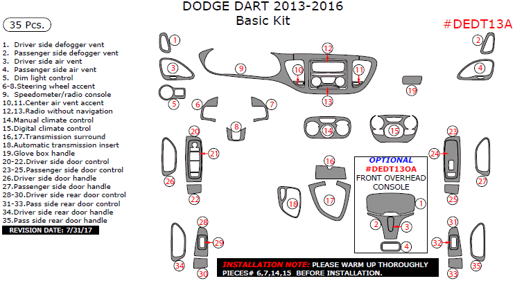 Dodge Dart 2013, 2014, 2015, 2016, Basic Interior Kit, 35 Pcs. dash trim kits options