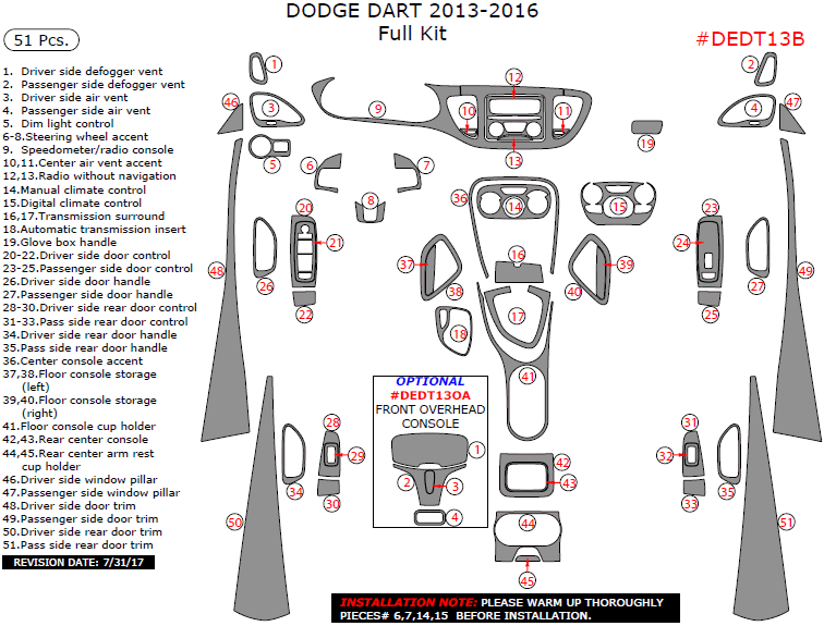 Dodge Dart 2013, 2014, 2015, 2016, Full Interior Kit, 51 Pcs. dash trim kits options