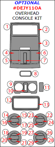 Dodge Journey 2011, 2012, 2013, 2014, 2015, 2016, 2017, 2018, Optional Overhead Console Interior Kit, 29 Pcs. dash trim kits options