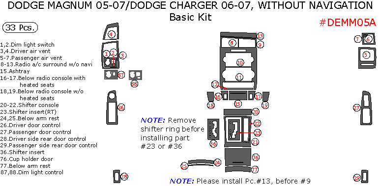 Dodge Charger 2006-2007 / Magnum 2005- 2007, W/o Navigation, Basic Interior Kit, 33 Pcs. dash trim kits options