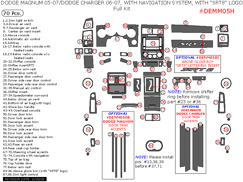 Dodge Charger 2006-2007 / Magnum 2005-2007, With Navigation, With "SRT8" Logo, Full Interior Kit, 70 Pcs. dash trim kits options