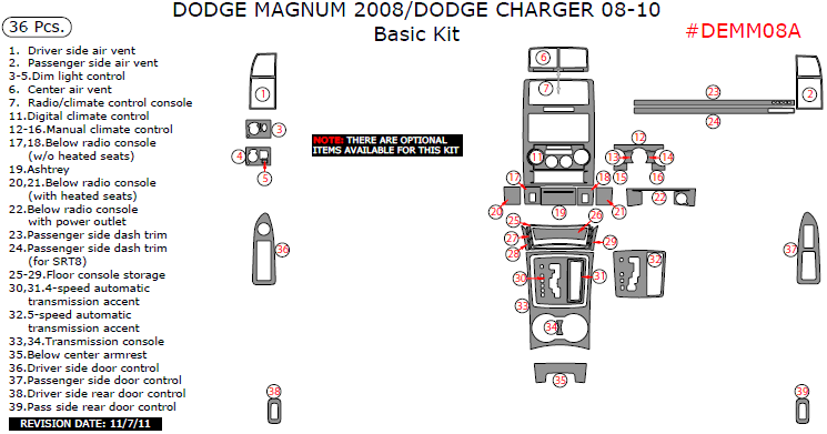 Dodge Charger 2008, 2009, 2010 / Magnum 2008, Basic Interior Kit, 36 Pcs. dash trim kits options
