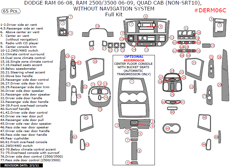 Dodge Ram 1500 2006, 2007, 2008, Ram 2500/3500 2006-2009, Quad Cab non-SRT10,Without Navigation System, Full Interior Kit, 65 Pcs. dash trim kits options