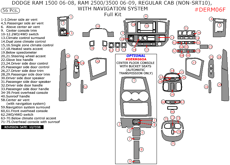 Dodge Ram 1500 2006, 2007, 2008, Ram 2500/3500 2006-2009, Regular Cab (non-SRT10),With Navigation System, Full Interior Kit, 56 Pcs. dash trim kits options
