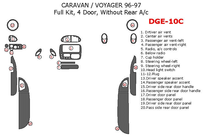 Dodge Caravan 1996-1997, Plymouth Voyager 1996-1997, Full Interior Kit, Without Rear A/c, 4 Door, 20 Pcs. dash trim kits options