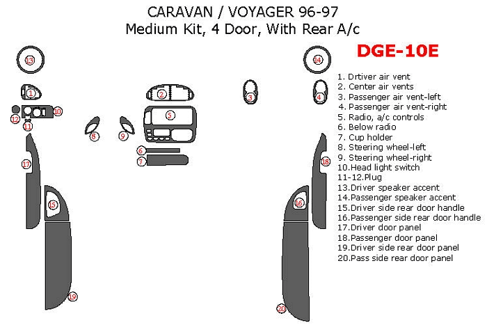 Dodge Caravan 1996-1997, Plymouth Voyager 1996-1997, Medium Interior Kit, With Rear A/c, 4 Door, 20 Pcs. dash trim kits options