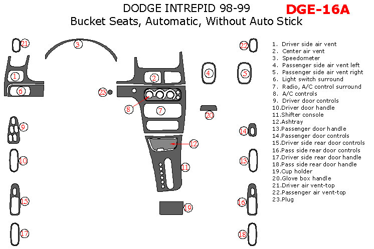 Dodge Intrepid 1998-1999, Interior Dash Kit, Bucket Seats, Automatic, Without Auto-stick, 23 Pcs. dash trim kits options