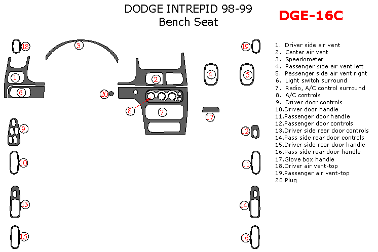Dodge Intrepid 1998-1999, Interior Dash Kit, Bench Seat, 20 Pcs. dash trim kits options