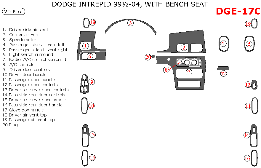 Dodge Intrepid 1999.5-2004, Interior Dash Kit, With Bench Seat, 20 Pcs. dash trim kits options