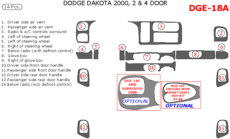 Dodge Dakota 2000, Dodge Dakota 2000, Interior Dash Kit, 2&4 Door, 14 Pcs. dash trim kits options