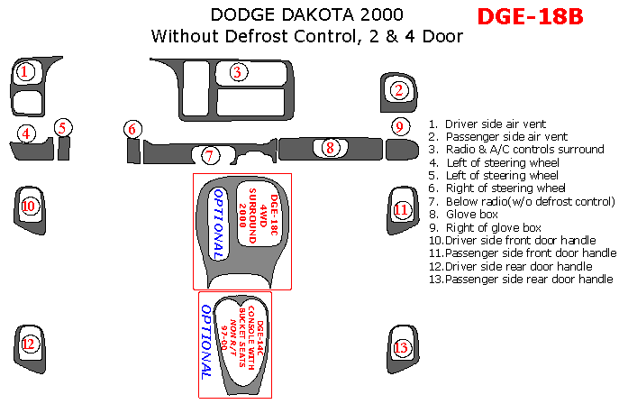 Dodge Dakota 2000, Interior Dash Kit, 2&4 Door, Without Defrost Control, 13 Pcs. dash trim kits options