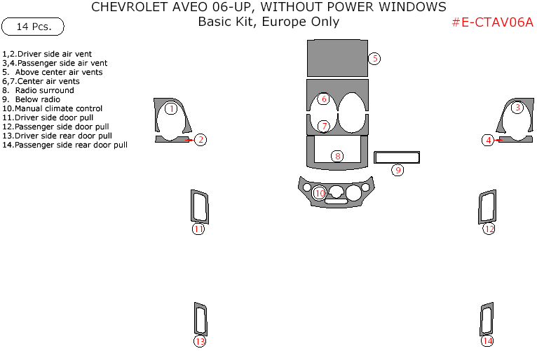 Chevrolet Aveo 2006, 2007, 2008, 2009, 2010, 2011, 2012, 2013, 2014, 2015, W/o Power Windows, Basic Interior Kit, 14 Pcs. dash trim kits options