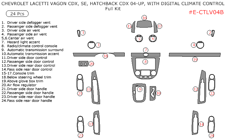 Chevrolet Lacetti Vagon SE/CDX/Hatchback CDX 2004, 2005, 2006, 2007, With Digital Climate Control, Full Interior Kit, 24 Pcs. dash trim kits options