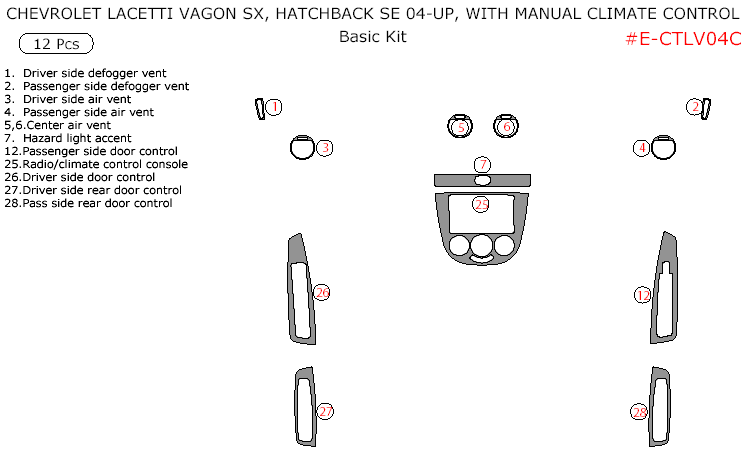 Chevrolet Lacetti Vagon SX/Hatchback SE 2004, 2005, 2006, 2007, With Manual Climate Control, Basic Interior Kit, 12 Pcs. dash trim kits options