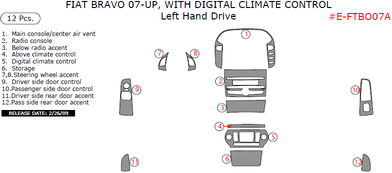 Fiat Bravo 2007, 2008, 2009, 2010, 2011, 2012, 2013, 2014, 2015, Interior Dash Kit, With Digital Climate Control (Left Hand Drive), 12 Pcs. dash trim kits options