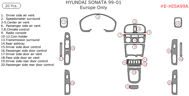Hyundai Sonata 1999, 2000, 2001, Interior Dash Kit, Europe Only, 20 Pcs. dash trim kits options