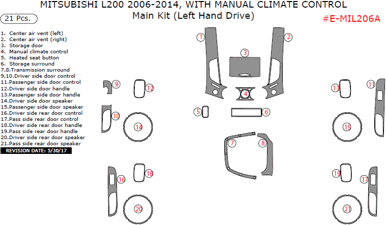 Mitsubishi L200 2006, 2007, 2008, 2009, 2010, 2011, 2012, 2013, 2014, With Manual Climate Control, Main Interior Kit (Left Hand Drive), 21 Pcs. dash trim kits options