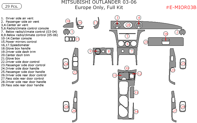 Mitsubishi Outlander 2003, 2004, 2005, 2006, Europe Only, Full Interior Kit, 29 Pcs. dash trim kits options