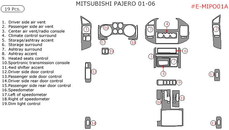 Mitsubishi Pajero 2001, 2002, 2003, 2004, 2005, 2006, Interior Kit, 19 Pcs. dash trim kits options
