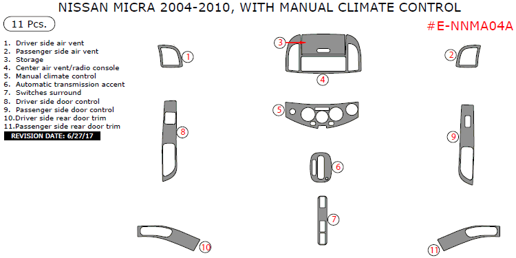 Nissan Micra 2004, 2005, 2006, 2007, 2008, 2009, 2010, Interior Dash Kit, With Manual Climate Control, 11 Pcs. dash trim kits options
