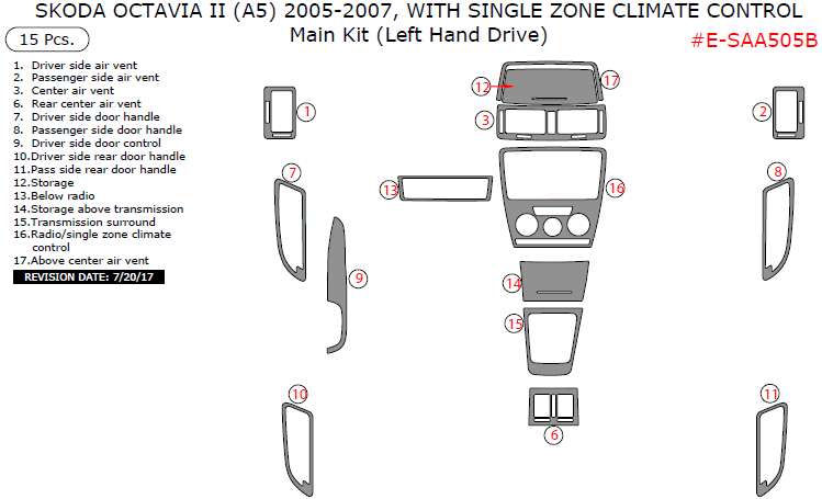 Skoda Octavia II (A5) 2005, 2006, 2007, With Single Zone Climate Control, Main Interior Kit, 15 Pcs. dash trim kits options