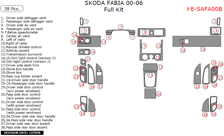 Skoda Fabia 2000, 2001, 2002, 2003, 2004, 2005, 2006, Full Interior Kit, 38 Pcs. dash trim kits options