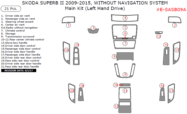 Skoda Superb II 2009, 2010, 2011, 2012, 2013, 2014, 2015, Without Navigation System, Main Interior Kit (Left Hand Drive), 21 Pcs. dash trim kits options