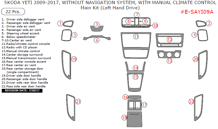 Skoda Yeti 2009, 2010, 2011, 2012, 2013, 2014, 2015, 2016, 2017, Without Navigation System, With Manual Climate Control, Main Interior Kit, 22 Pcs. dash trim kits options