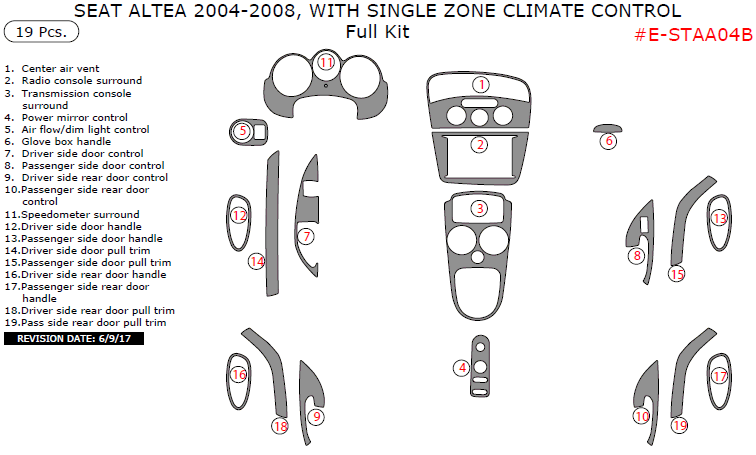 Seat Altea 2004, 2005, 2006, 2007, 2008, With Single Zone Climate Control, Full Interior Kit, 19 Pcs. dash trim kits options