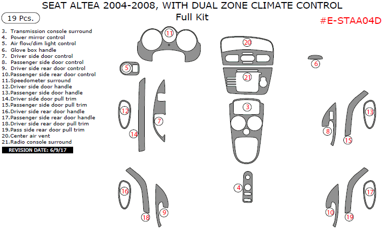 Seat Altea 2004, 2005, 2006, 2007, 2008, With Dual Zone Climate Control, Full Interior Kit, 19 Pcs. dash trim kits options