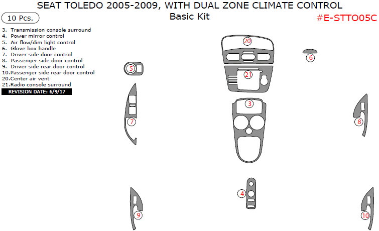 Seat Toledo 2005, 2006, 2007, 2008, 2009, With Dual Zone Climate Control, Basic Interior Kit, 10 Pcs. dash trim kits options