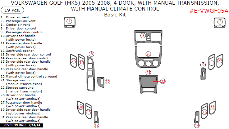 Volkswagen Golf 2005, 2006, 2007, 2008, 4 Door, With Manual Transmission, With Manual Climate Control, Basic Interior Kit, 19 Pcs. Europe Only dash trim kits options