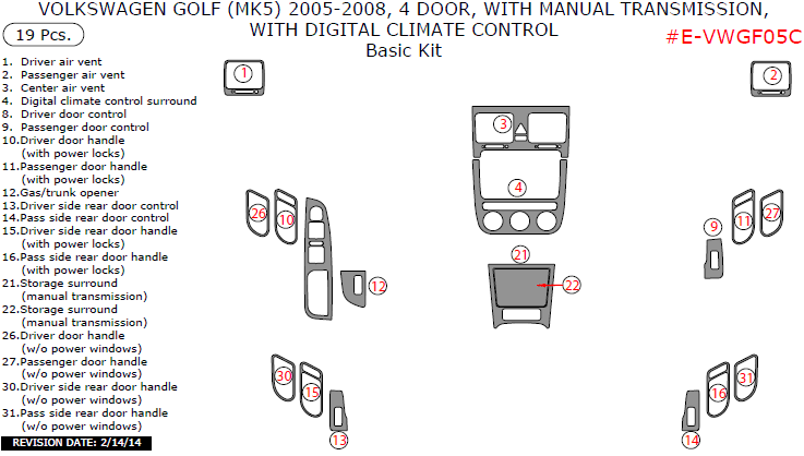 Volkswagen Golf 2005, 2006, 2007, 2008, 4 Door, With Manual Transmission, With Digital Climate Control, Basic Interior Kit, 19 Pcs. Europe Only dash trim kits options
