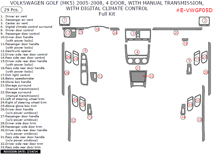 Volkswagen Golf 2005, 2006, 2007, 2008, 4 Door, With Manual Transmission, With Digital Climate Control, Full Interior Kit, 29 Pcs. Europe Only dash trim kits options
