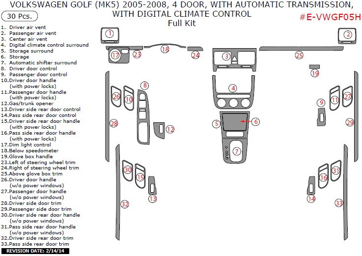 Volkswagen Golf 2005, 2006, 2007, 2008, 4 Door, With Automatic Transmission, With Digital Climate Control, Full Interior Kit, 30 Pcs. Europe Only dash trim kits options