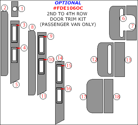 Ford Econoline E-Series 2006, 2007, 2008, Interior Dash Kit, Optional 2nd To 4th Row Door Trim Kit (Passenger Van Only), 18 Pcs. dash trim kits options