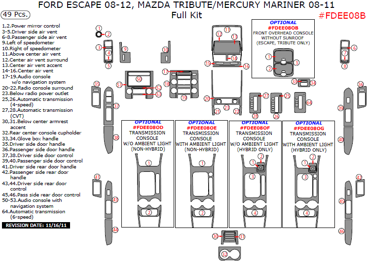 Ford Escape 2008, 2009, 2010, 2011, 2012, Mazda Tribute 2008-2011, Mercury Mariner 2008-2011, Full Interior Kit, 49 Pcs. dash trim kits options