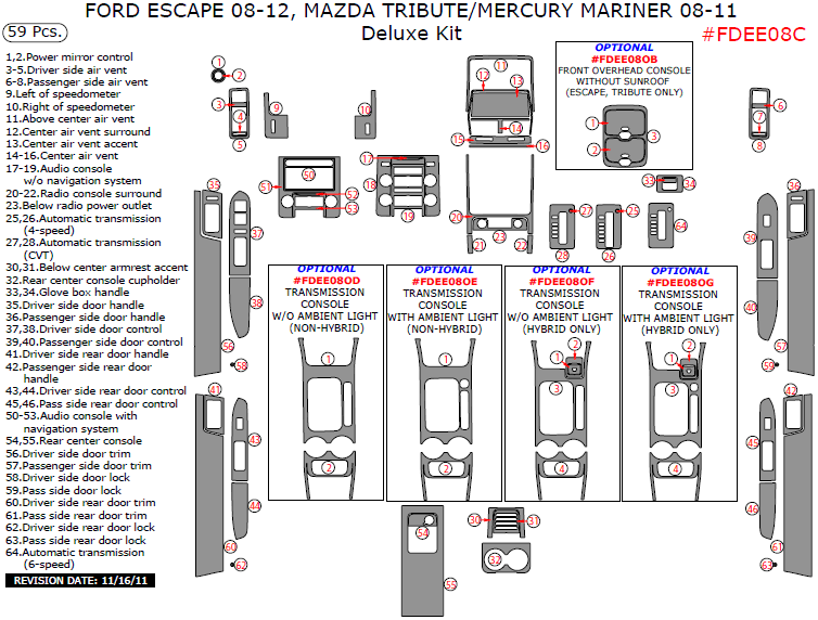Ford Escape 2008, 2009, 2010, 2011, 2012, Mazda Tribute 2008-2011, Mercury Mariner 2008-2011, Deluxe Interior Kit, 59 Pcs. dash trim kits options
