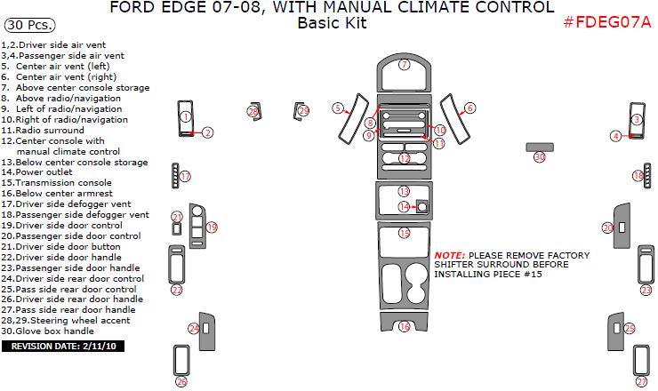 Ford Edge 2007-2008, With Manual Climate Control, Basic Interior Kit, 30 Pcs. dash trim kits options