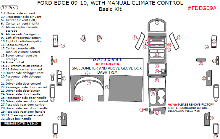 Ford Edge 2009-2010, With Manual Climate Control, Basic Interior Kit, 32 Pcs. dash trim kits options