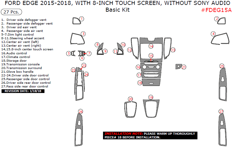 Ford Edge 2015, 2016, 2017, 2018, With 8-Inch Touch Screen, Without Sony Audio, Basic Interior Kit, 27 Pcs. dash trim kits options