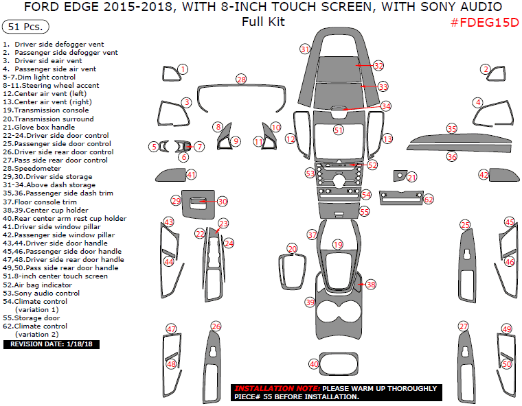 Ford Edge 2015, 2016, 2017, 2018, With 8-Inch Touch Screen, With Sony Audio, Full Interior Kit, 51 Pcs. dash trim kits options