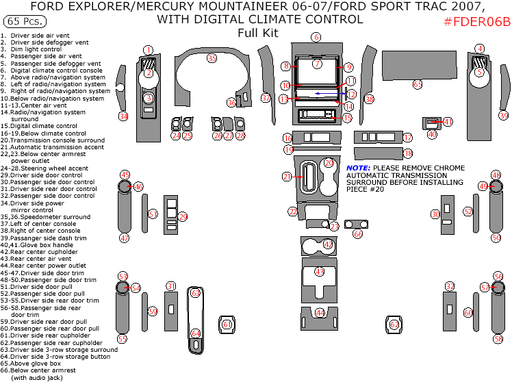 Ford Explorer Sport Trac (2007)/Explorer (2006-2007), Mercury Mountaineer (2006-2007), With Digital Climate Control, Full Interior Kit, 65 Pcs. dash trim kits options