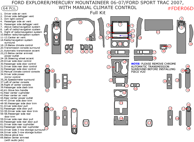 Ford Explorer Sport Trac (2007)/Explorer (2006-2007), Mercury Mountaineer (2006-2007), With Manual Climate Control, Full Interior Kit, 64 Pcs. dash trim kits options