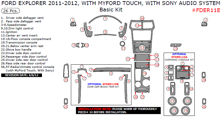 Ford Explorer 2011-2012, With MyFord Touch, With Sony Audio System, Basic Interior Kit, 26 Pcs. dash trim kits options