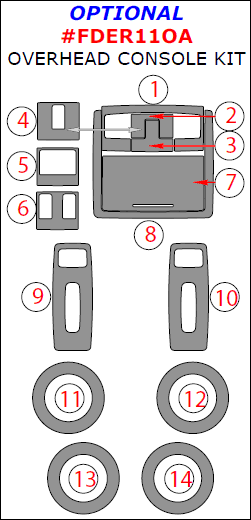 Ford Explorer 2011, 2012, 2013, 2014, 2015, Optional Overhead Console Interior Kit, 14 Pcs. dash trim kits options