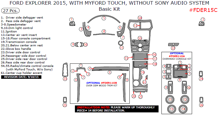 Ford Explorer 2015, With MyFord Touch, Without Sony Audio System, Basic Interior Kit, 27 Pcs. dash trim kits options